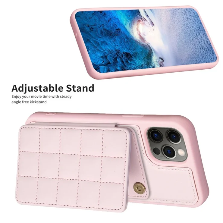 Style-BF24 For iPhone 11 Grid Design PU Leather Coated TPU Case Card Holder Kickstand Phone Cover - Pink