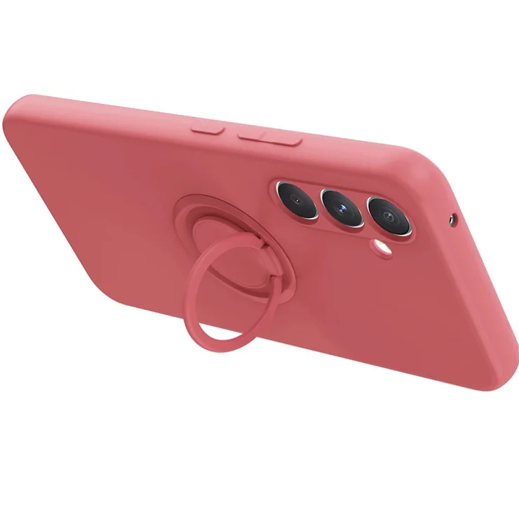 For Samsung Galaxy A34 5G Liquid Silicone Protective Cover Ring Kickstand Phone Case with Wrist Rope - Purple
