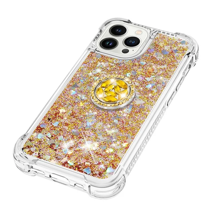 For iPhone 15 Pro Max TPU Case with Kickstand Quicksand Shockproof Cover - Gold / Hearts
