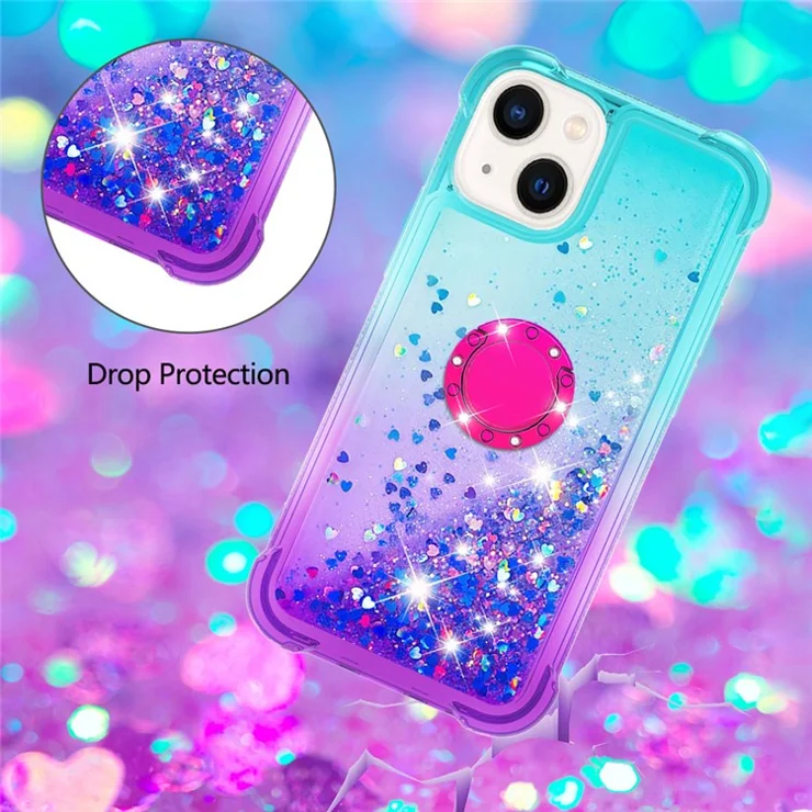 For iPhone 15 TPU Case with Kickstand Gradiant Quicksand Shockproof Cover - Sky Blue+Purple