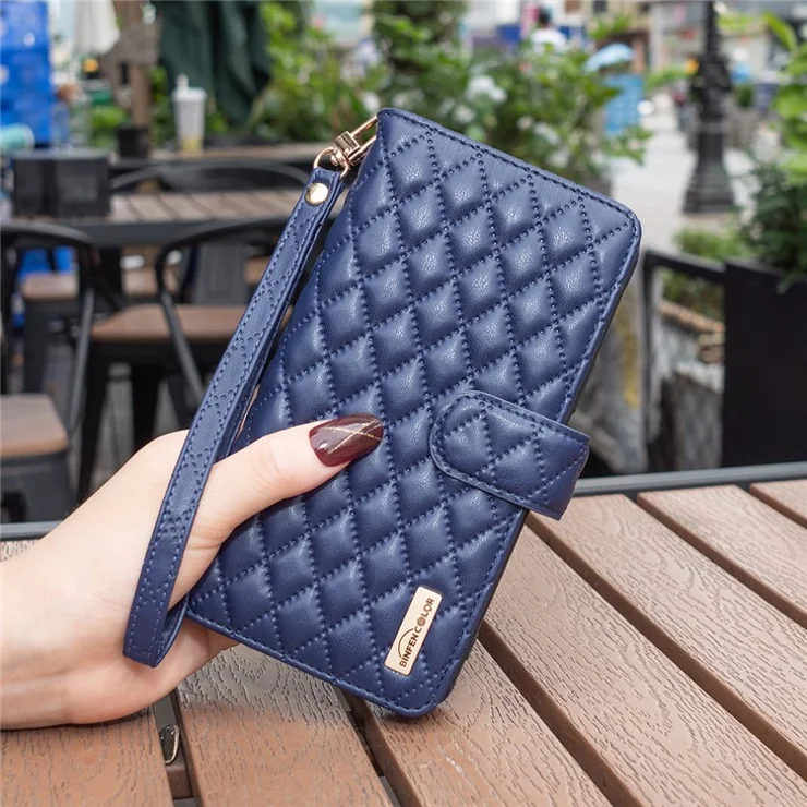 BINFEN COLOR BF Style-15 For iPhone 15 Plus Flip Case Zipper Pocket Wallet Phone Stand Shell PU Leather Cover - Blue