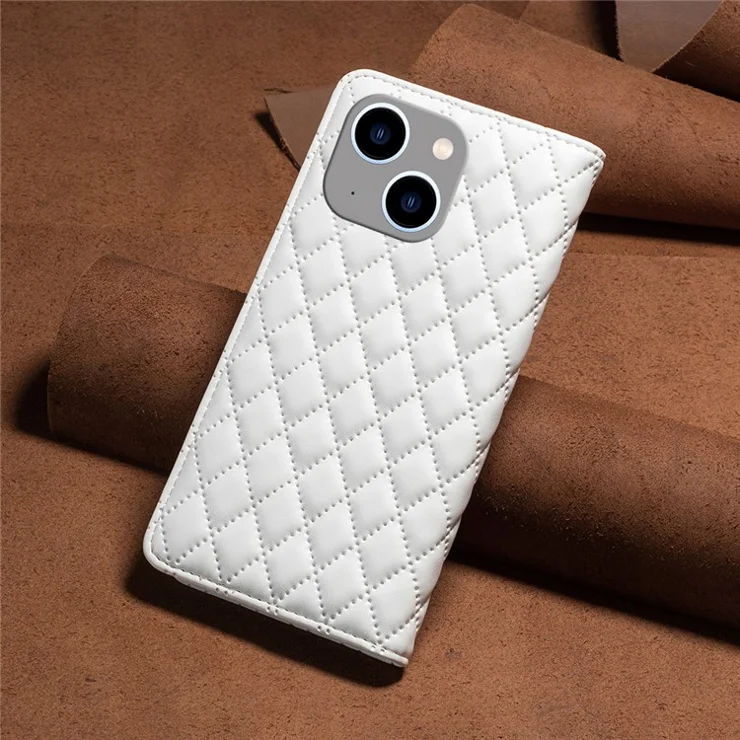 BINFEN COLOR BF Style-16 For iPhone 15 Plus Card Holder Phone Case Drop-proof PU Leather Stand Shell - White