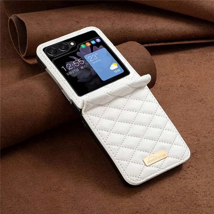 BINFEN COLOR For Samsung Galaxy Z Flip5 5G PU Leather+PC Case Imprinted Rhombus Pattern Phone Cover - White