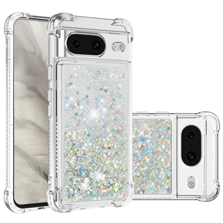 For Google Pixel 8 TPU Case Glitter Quicksand Shockproof Phone Back Cover - Silver / Hearts