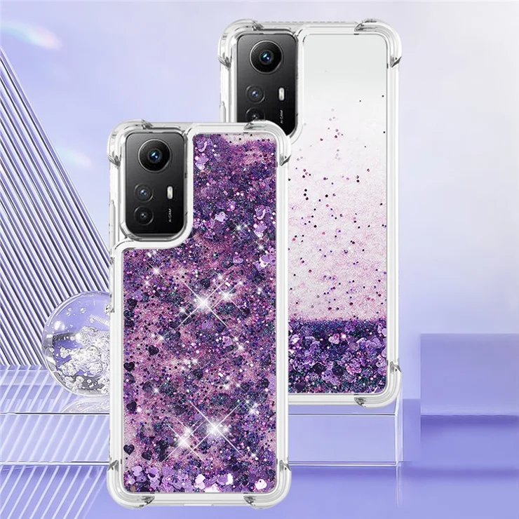 For Xiaomi Redmi Note 12S 4G / Note 11S 4G / Note 11 4G (Qualcomm) TPU Case Glitter Quicksand Shockproof Phone Back Cover - Dark Purple / Hearts