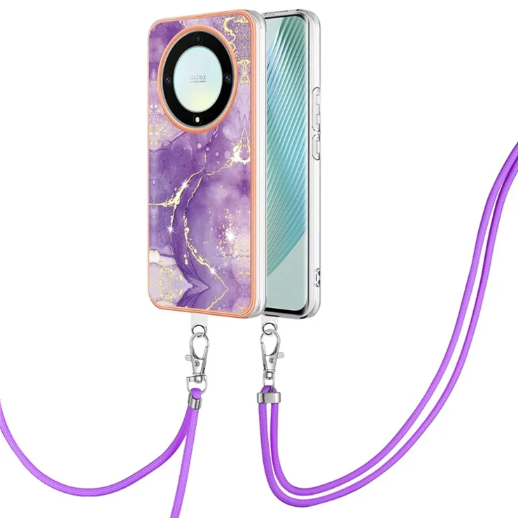 For Honor X40 5G / X9a 5G / Magic5 Lite 5G Case with Shoulder Strap IMD IML Flower Pattern TPU Back Cover - Purple 002