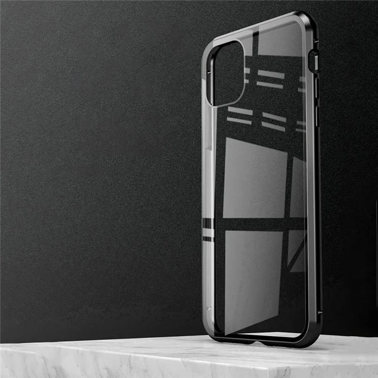 Phone Case for iPhone 15 Plus Magnetic Adsorption Metal Frame + Double-sided Tempered Glass Clear Phone Cover - Black