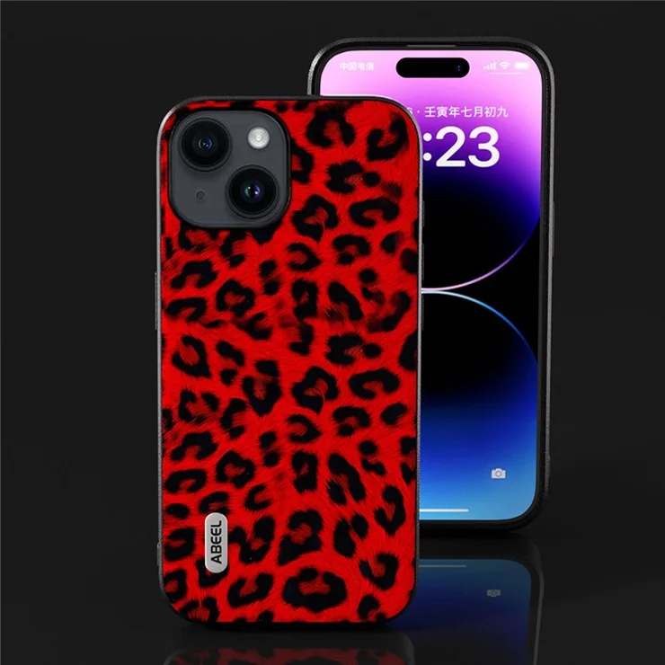 ABEEL For iPhone 15 Leopard Texture Phone Case PU Leather Coated PC+TPU Anti-drop Cover - Red