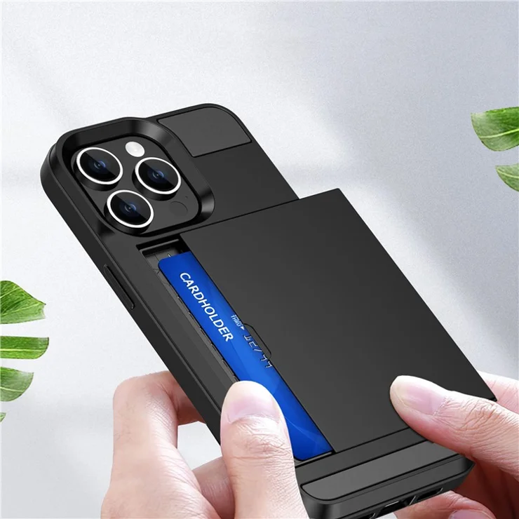 PC + TPU Phone Cover for iPhone 15 , Sliding Card Holder Anti-scratch Back Case - White