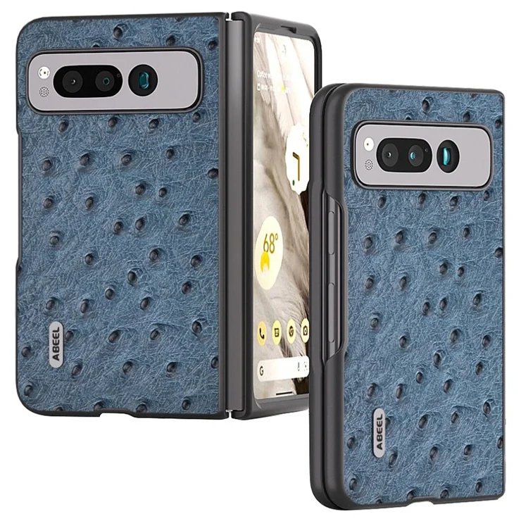 ABEEL For Google Pixel Fold Phone Case Ostrich Texture Genuine Cow Leather + PC Cover - Blue