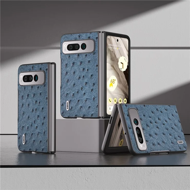 ABEEL For Google Pixel Fold Phone Case Ostrich Texture Genuine Cow Leather + PC Cover - Blue