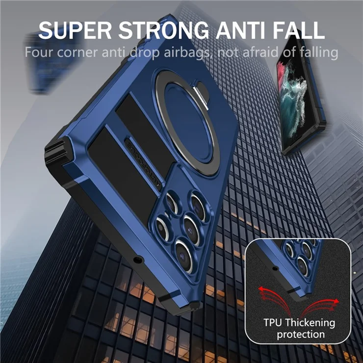 For Samsung Galaxy S22 Ultra 5G PC+TPU Shockproof Case Magnetic Phone Cover with Ring Kickstand - Blue