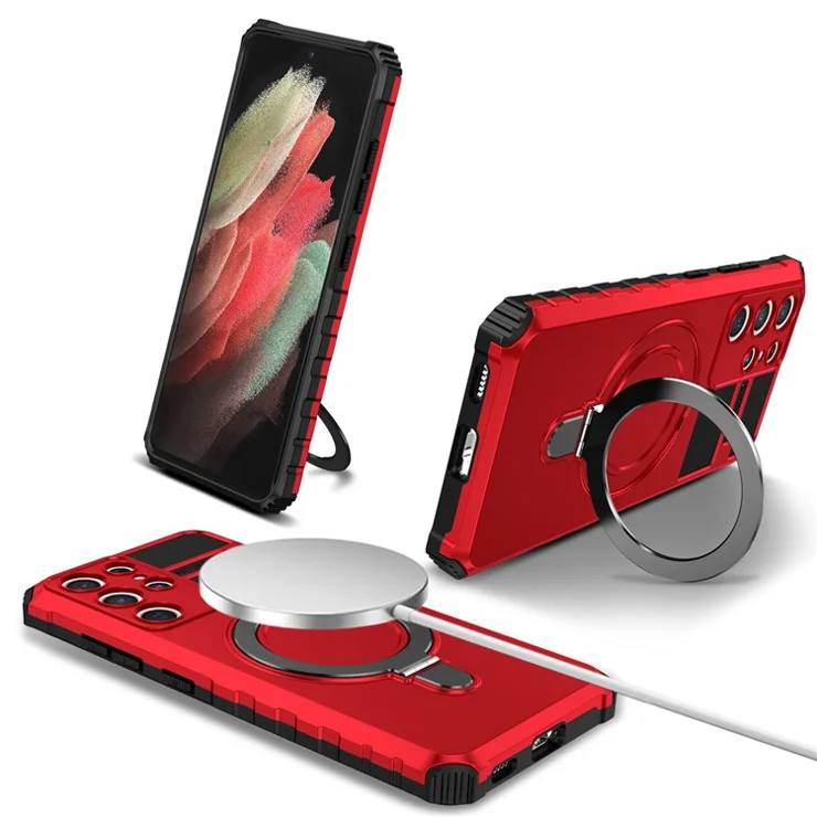 For Samsung Galaxy S21 Ultra 5G Magnetic Kickstand Case PC+TPU Scratch Resistant Phone Cover - Red
