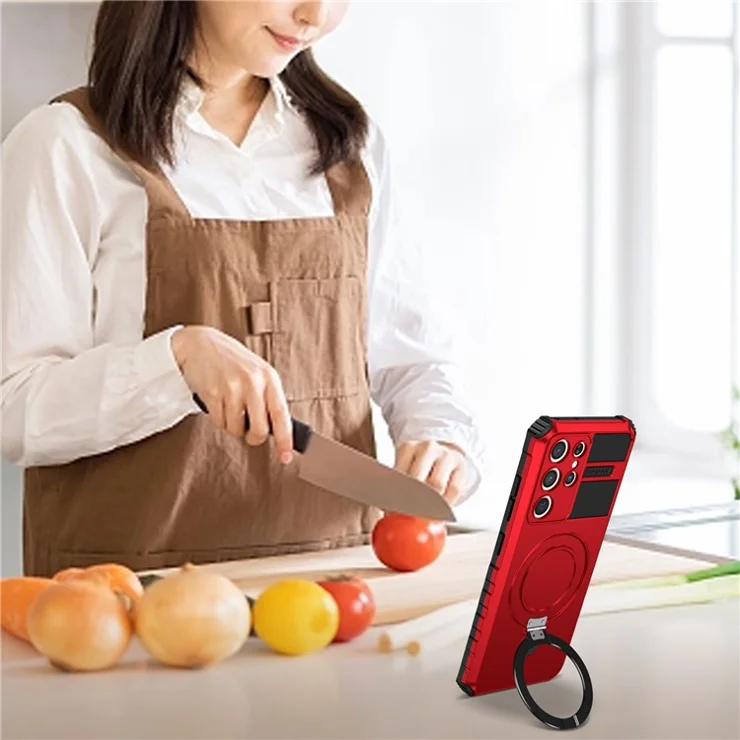 For Samsung Galaxy S21 Ultra 5G Magnetic Kickstand Case PC+TPU Scratch Resistant Phone Cover - Red