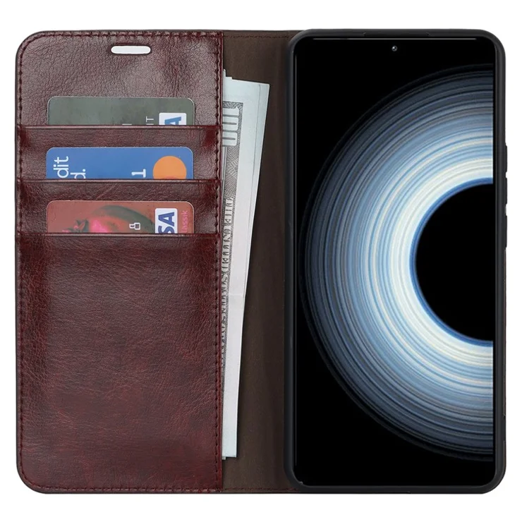 For Xiaomi 12T 5G / 12T Pro 5G / Redmi K50 Ultra Phone Case Crazy Horse Texture Genuine Cow Leather Stand Wallet Cover - Dark Brown