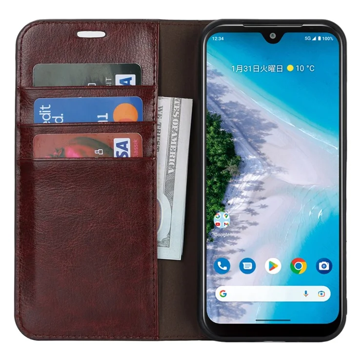 For Kyocera Android One S10 / One S9 Fall Proof Phone Case Crazy Horse Texture Genuine Cow Leather Stand Wallet Cover - Dark Brown