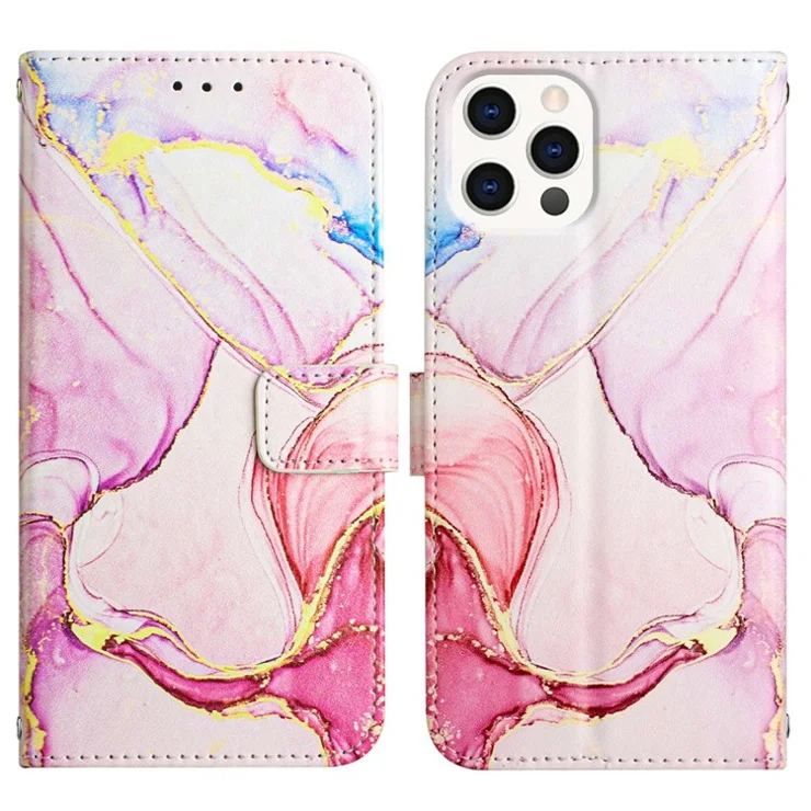 For iPhone 15 Pro Case with Strap Marble Pattern Leather Phone Cover Card Holder - Rose Gold LS005
