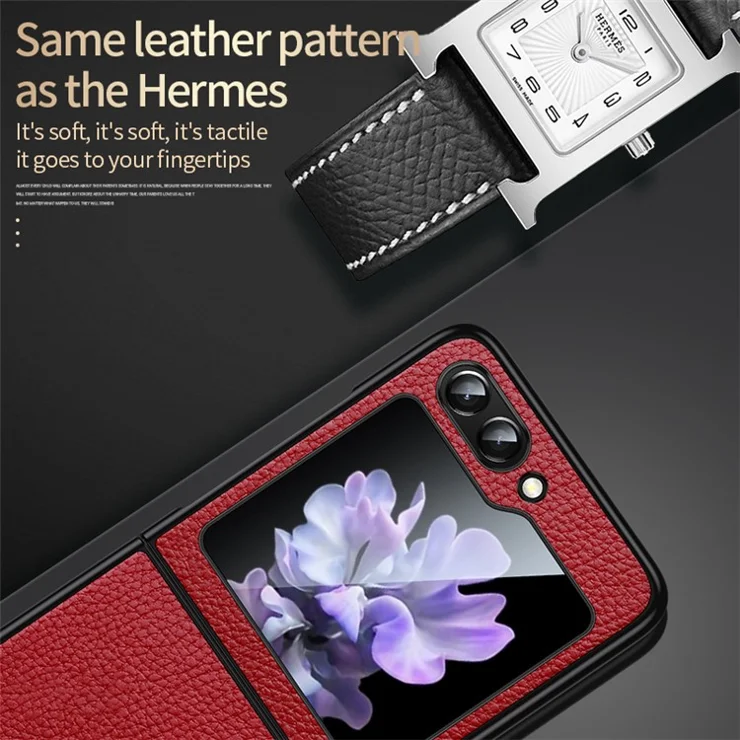 SULADA For Samsung Galaxy Z Flip5 5G Slim-Fit Phone Case PU Leather Coated PC + TPU Litchi Texture Cover - Orange