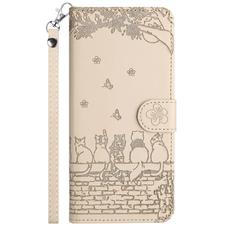 Wallet Phone Case for iPhone 14 Pro , Stand PU Leather Wall Cats Imprinted Cover with Strap - Apricot