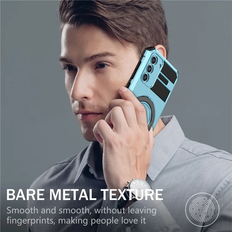 For Samsung Galaxy S21 FE 5G Cell Phone Case PC+TPU Magnetic Metal Ring Kickstand Cover - Baby Blue