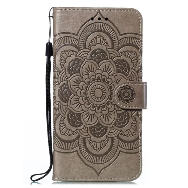 For Xiaomi Redmi 10C 4G PU Leather Wallet Stand Case Imprinting Mandala Flower Phone Cover - Grey
