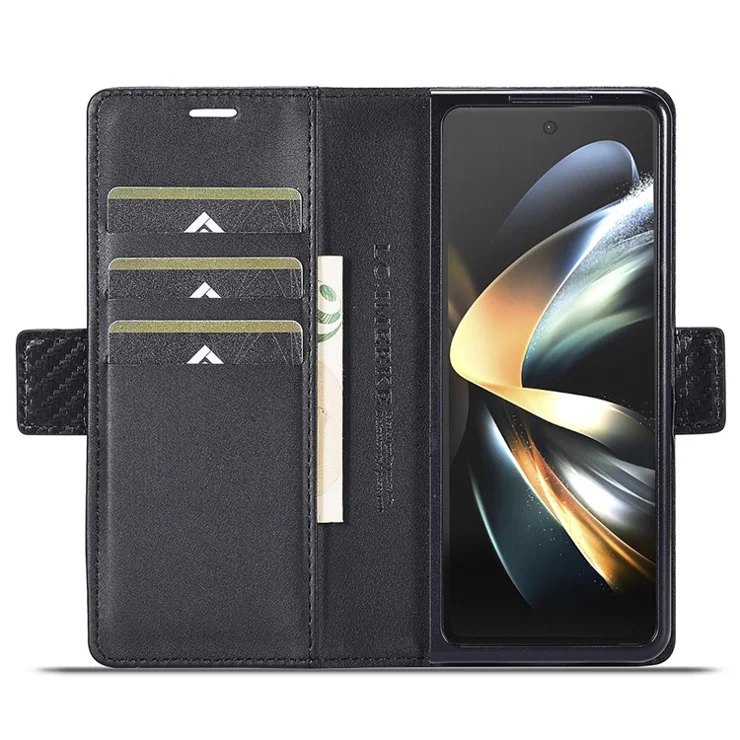 LC.IMEEKE For Samsung Galaxy Z Fold4 5G Leather Wallet Case Stand Carbon Fiber Texture Phone Cover - Vertical Stripe
