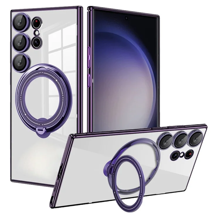Rotating Kickstand Case for Samsung Galaxy S22 Ultra 5G PC+TPU Phone Cover Compatible with MagSafe - Purple