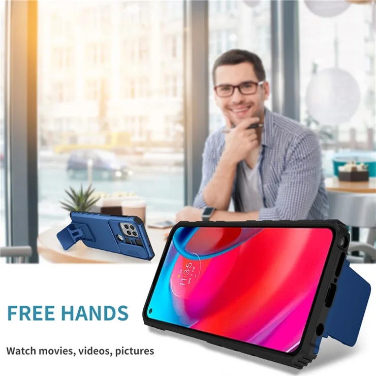 For Motorola Moto G Stylus 5G (2021) Phone Protector Slide Camera Hard PC + Flexible TPU Cover Kickstand Case - Blue