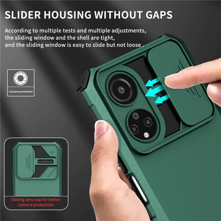 For Honor X7 Slide Camera Lid PC+TPU Cover Anti-drop Kickstand Phone Case - Blackish Green