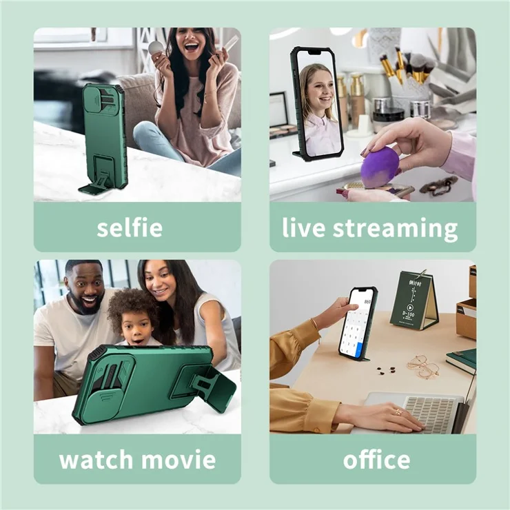 For Samsung Galaxy S20 FE 4G / FE 5G / Lite / FE 2022 Slide Camera Lid Back Cover Kickstand PC+TPU Phone Case - Blackish Green