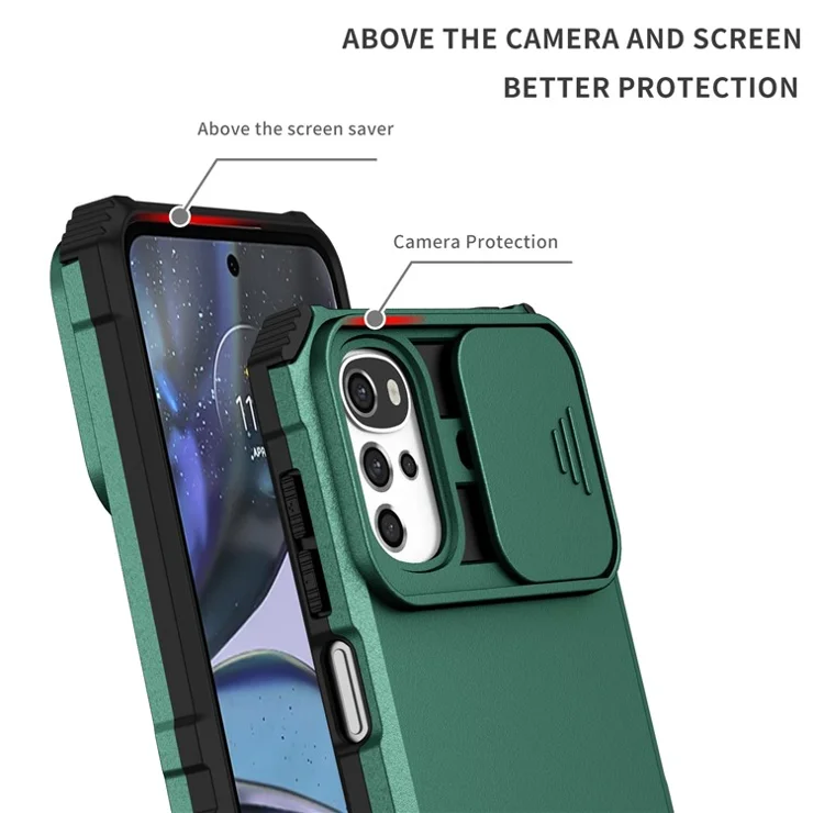 For Motorola Moto E32 4G / Moto G22 Slide Lens Shield PC+TPU Phone Cover Kickstand Back Case - Blackish Green