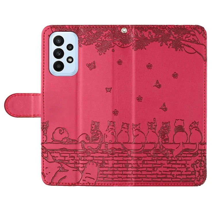 For Samsung Galaxy A53 5G Wallet Phone Cover Imprinted Wall Cats Leather Stand Phone Case with Strap - Red