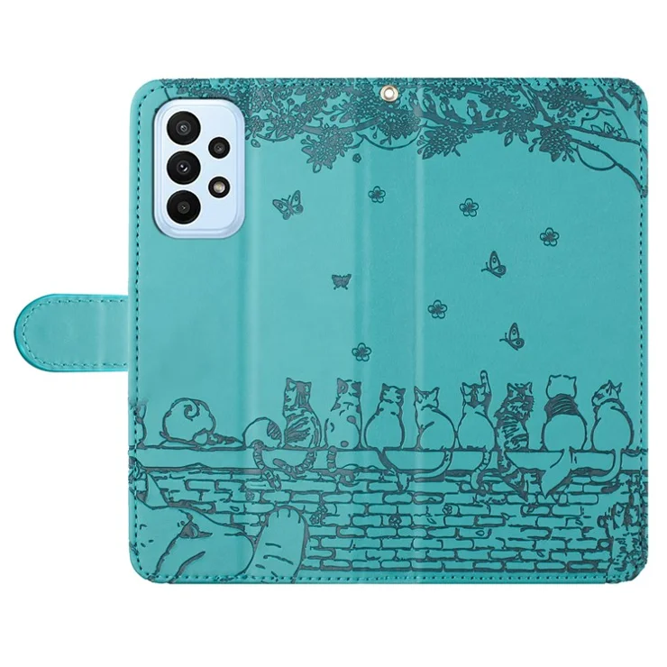 For Samsung Galaxy A23 4G / A23 5G (Global Version) / M23 5G / F23 5G Wallet Phone Cover Imprinted PU Leather Stand Phone Case with Strap - Blue