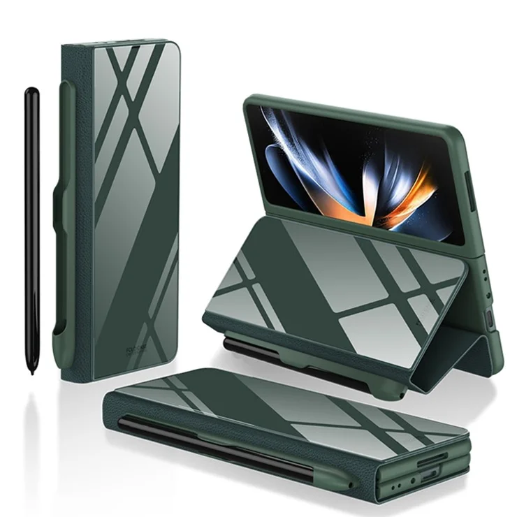 GKK For Samsung Galaxy Z Fold4 5G Case Leather+Tempered Glass+PC Pattern Phone Cover with Pen Slot - Midnight Green
