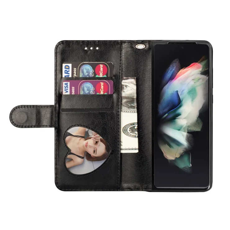 For Samsung Galaxy Z Fold5 5G PC+PU Leather Phone Stand Case Zippered Wallet Glittery Phone Cover - Black
