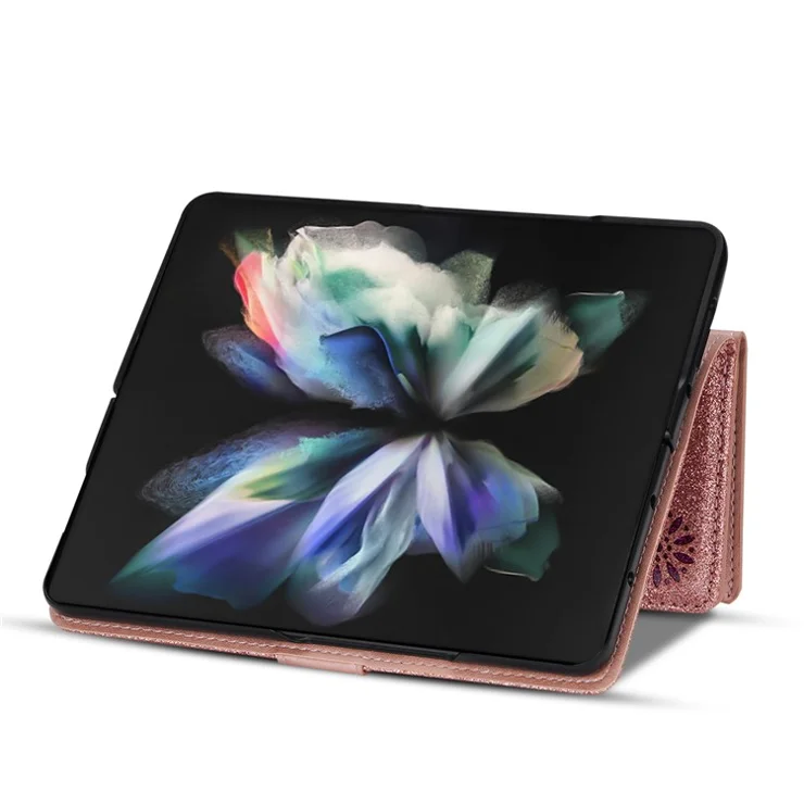Zipper Wallet Shell for Samsung Galaxy Z Fold5 5G Leather Stand Case Laser Carving Glittery Phone Cover with Strap - Rose Gold