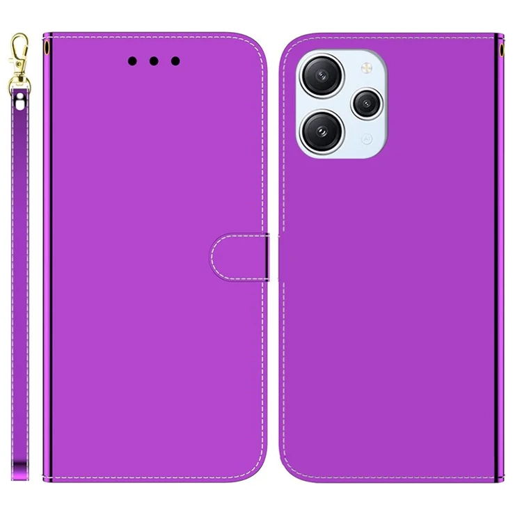 Phone Stand Case for Xiaomi Redmi 12 4G , Mirror-Like Surface Leather Wallet Cell Phone Cover - Purple