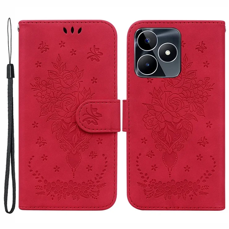 For Realme C53 (Global) / C53 (India) / C51 / Narzo N53 4G Rose Butterfly Imprinted Phone Shell PU Leather Wallet Stand Case - Red
