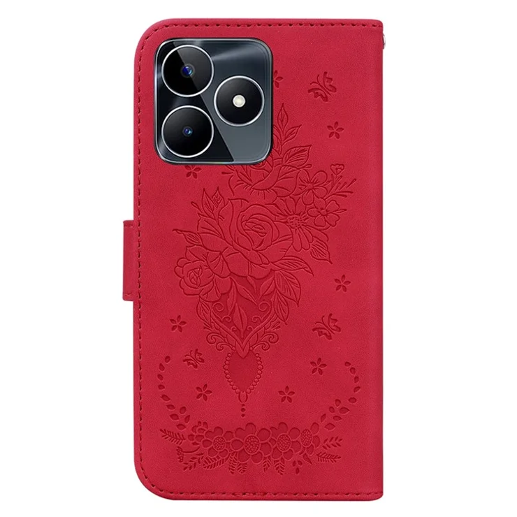 For Realme C53 (Global) / C53 (India) / C51 / Narzo N53 4G Rose Butterfly Imprinted Phone Shell PU Leather Wallet Stand Case - Red