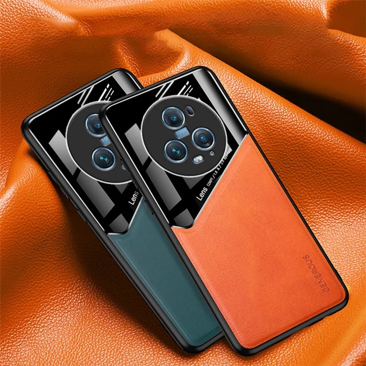 Anti-scratch Cover for Honor Magic5 Pro PU Leather Coated TPU+PC Phone Case with Car Mount Metal Sheet - Black