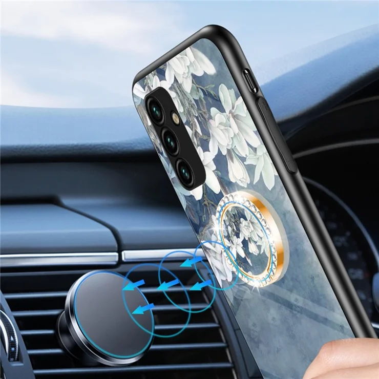 For Samsung Galaxy A14 5G / A14 4G Flower Pattern Phone Cover Tempered Glass+PC+TPU Case with Kickstand - Glamorous Peony