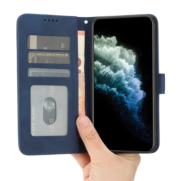 For Samsung Galaxy A23 4G / A23 5G (Global Version) Wallet Folio Cover PU Leather Solid Color Textured Stand Phone Case with Strap - Blue