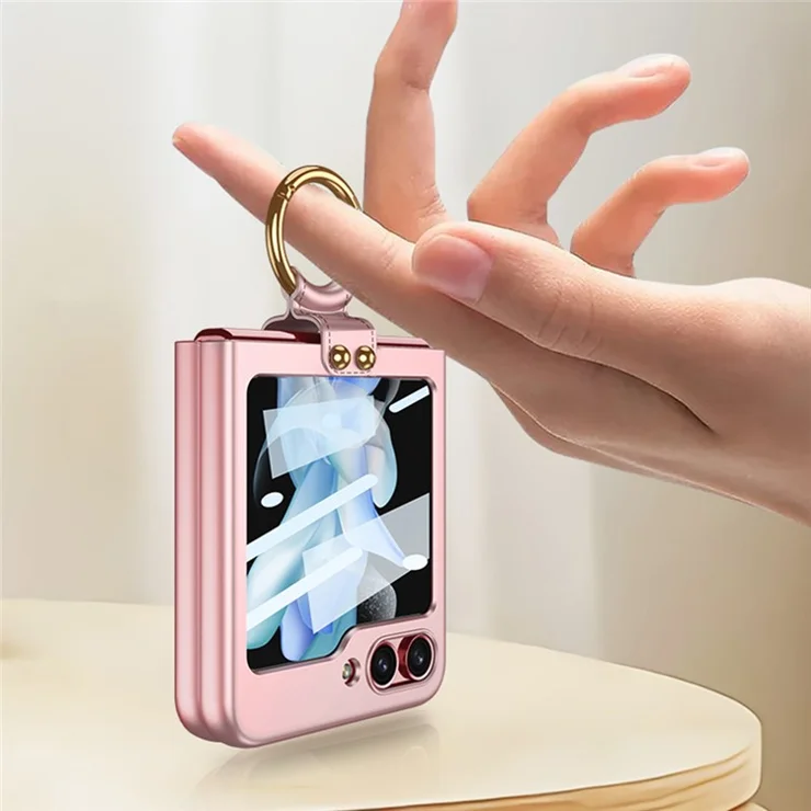 GKK For Samsung Galaxy Z Flip5 5G Plastic Phone Case Tempered Glass Film Phone Shell with Ring Holder - Grey