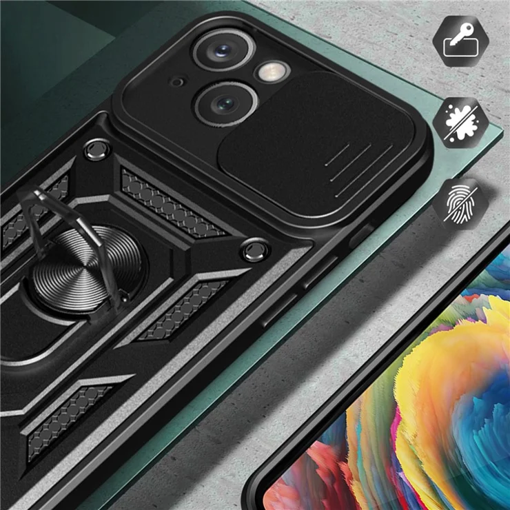 For iPhone 15 Slide Camera Lens Cover Shockproof Mobile Phone Case PC+TPU Kickstand Phone Shell - Red