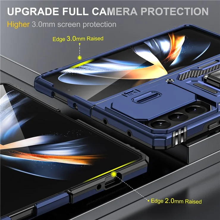 For Samsung Galaxy Z Fold5 5G Armor Series PC + TPU Phone Case Metal Kickstand Cover with Slide Camera Lid - Navy Blue