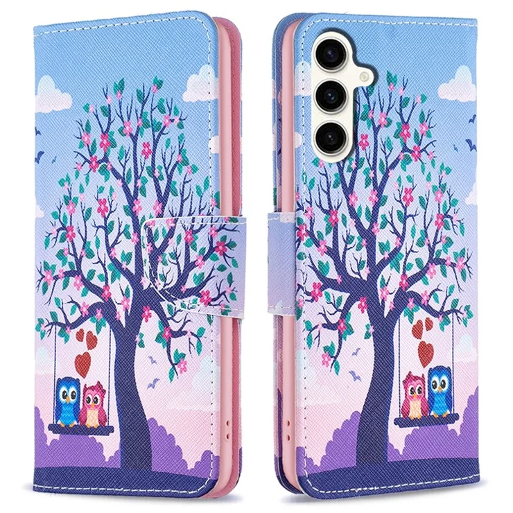 Wallet Case for Samsung Galaxy S23 FE PU Leather Pattern Printing Stand Flip Phone Cover - Two Owls