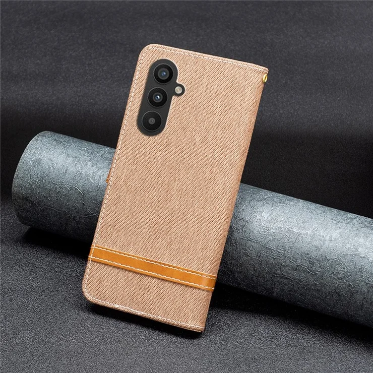 For Samsung Galaxy A25 5G (Global) (161.0 x 76.5 x 8.3mm) Phone Leather Case Jeans Cloth Splicing Phone Cover with Wallet Stand - Brown