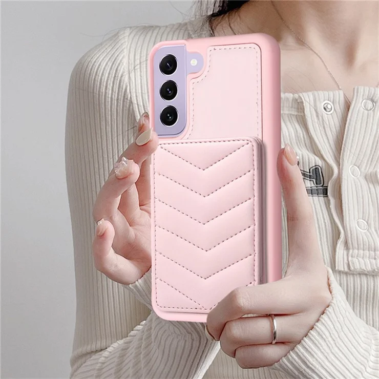 BF26 Card Holder Kickstand Case for Samsung Galaxy S21 FE 5G Wave Stitching Texture PU+TPU Phone Cover - Pink