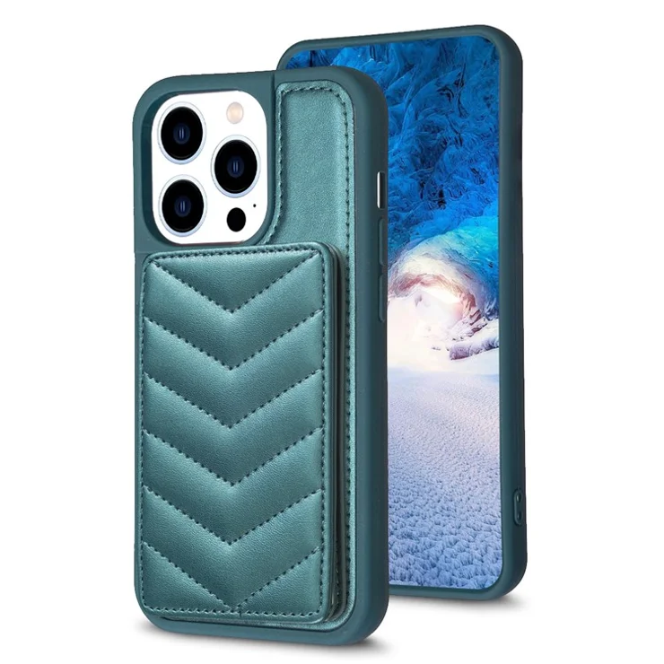 BF26 For iPhone 13 Pro Kickstand Wave Stitching Texture Phone Case Card Holder TPU+PU Leather Phone Cover - Green