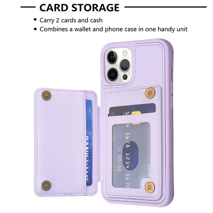 BF25 For iPhone 12 Pro Max 6.7 inch Card Slots Kickstand Phone Anti-scratch Case Leather Coated TPU Cover - Purple
